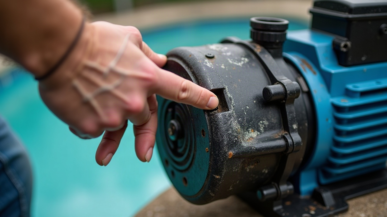 Close-up of worn pool pump with visible corrosion and aging seals, with technician's hand pointing to problem area