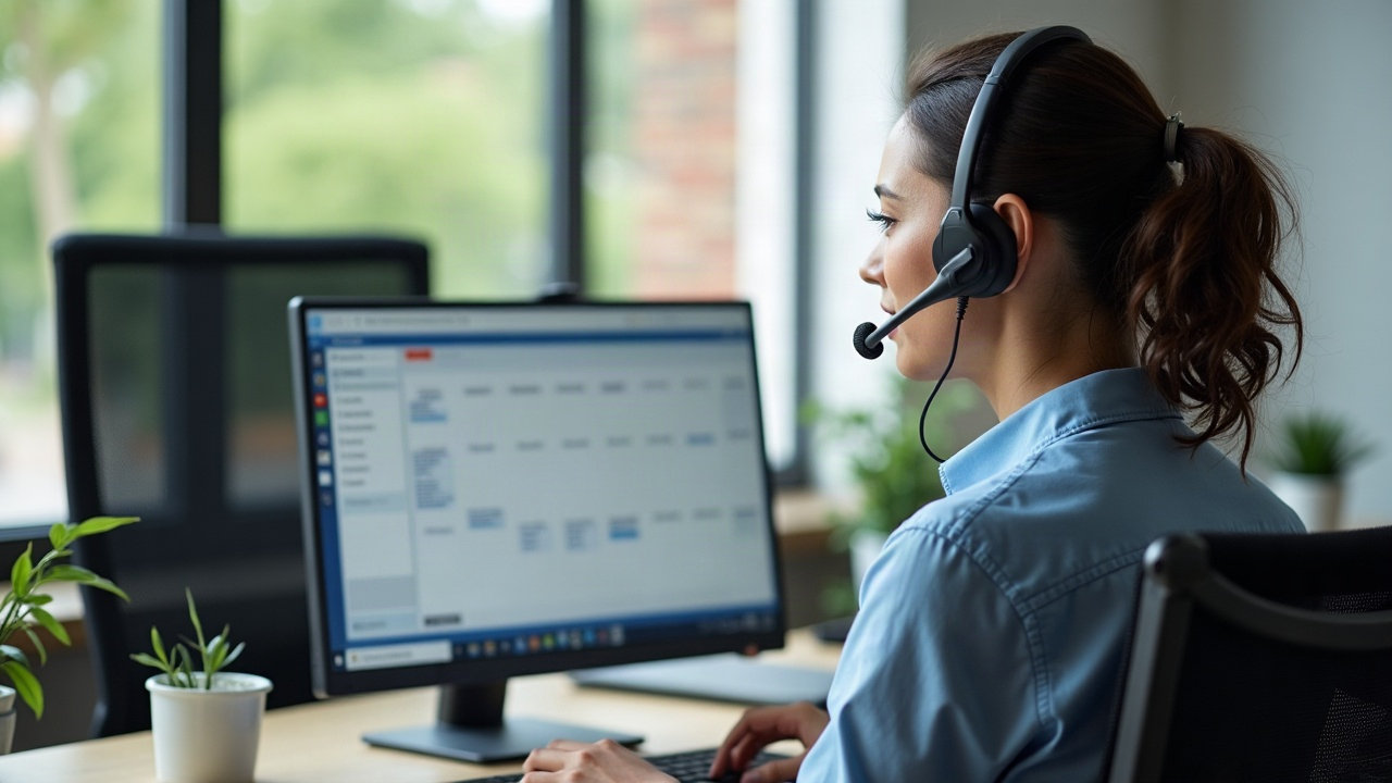 Professional office team member on headset at desk with computer showing service scheduling calendar and customer notes