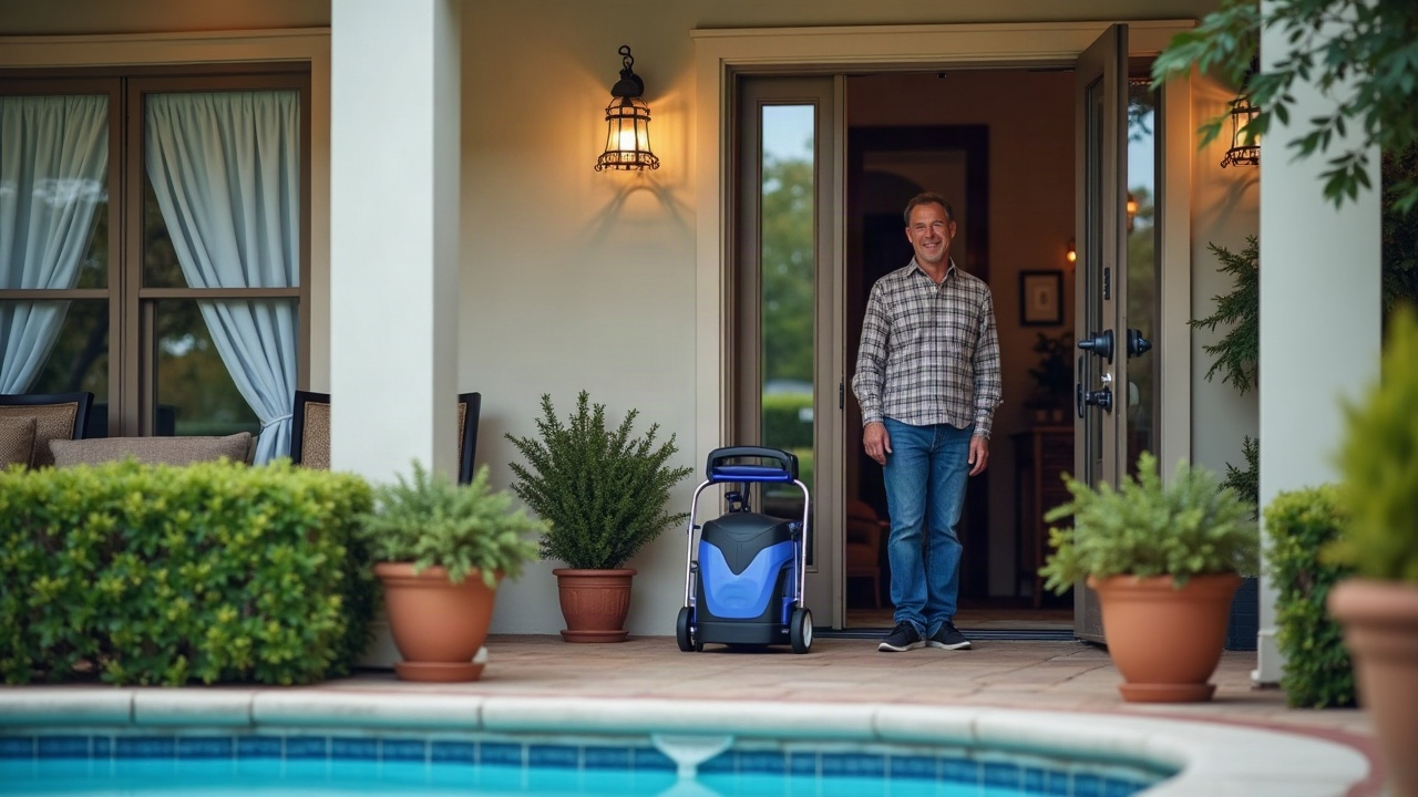 Pool service technician arriving at home with leak detection equipment, homeowner greeting them at door with visible relief