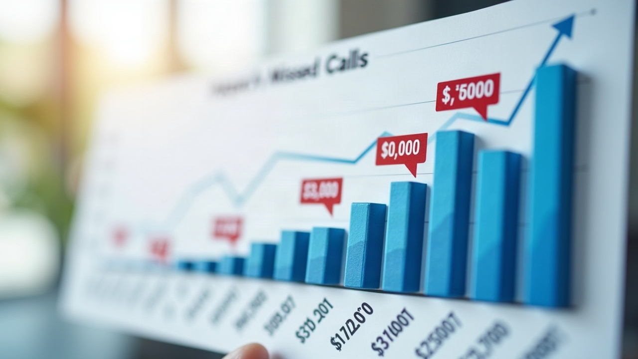 Chart showing the revenue impact of missed calls over a season, with bars representing lost liner jobs, lost upsells, and lost referrals stacking up to tens of thousands in lost revenue