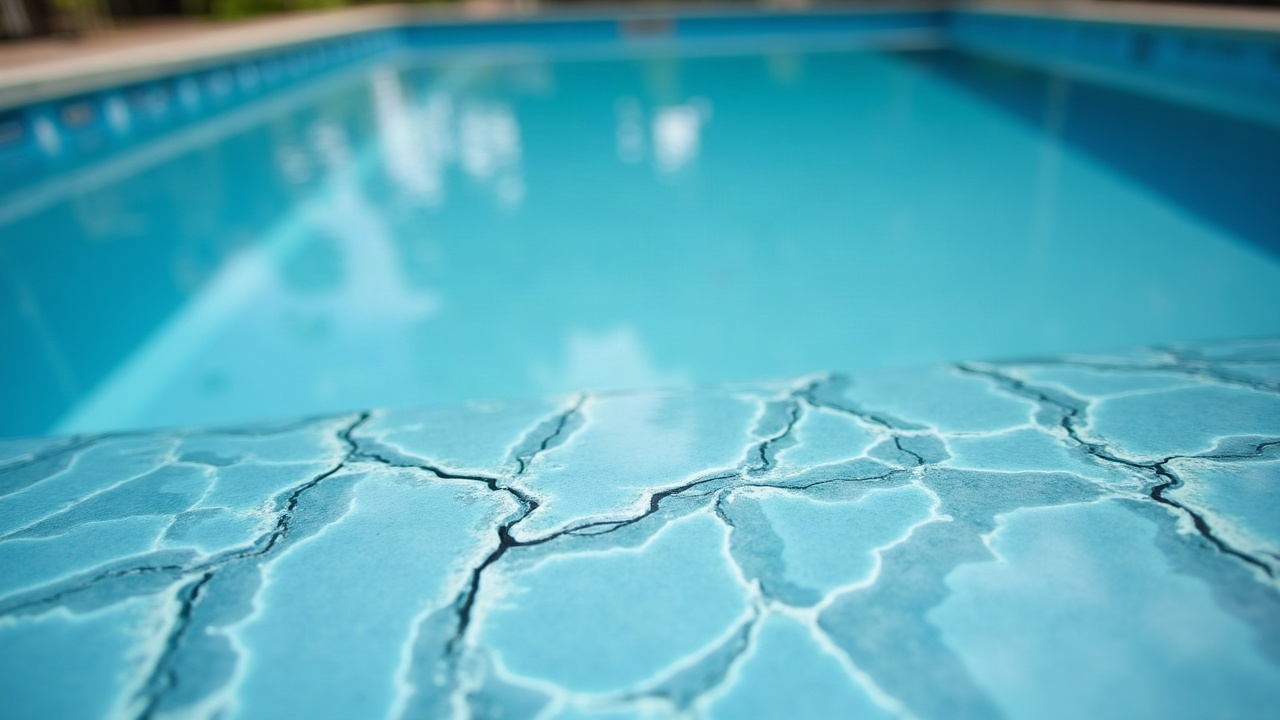 Close-up of a cracked and faded vinyl pool liner at the waterline, with visible wear and tear that signals replacement need