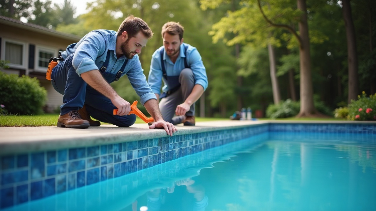Professional pool service technician measuring a pool for liner replacement during an on-site estimate, with a homeowner looking on