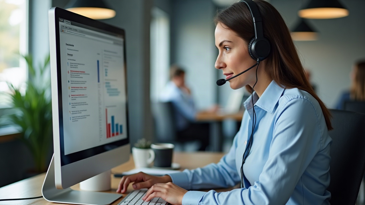 Professional team member on headset reviewing qualification checklist on computer screen, organized office environment