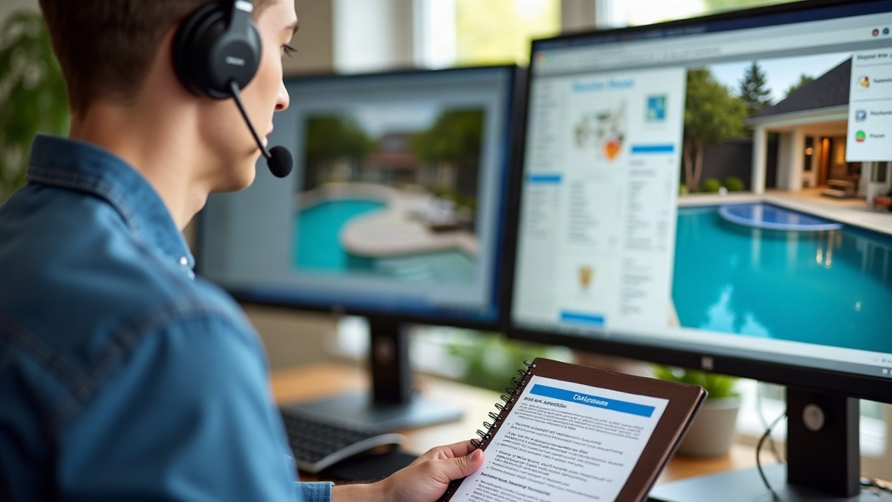 Professional home office setup with headset, dual monitors showing pool design software and CRM, notebook with call script for luxury pool renovation qualification questions