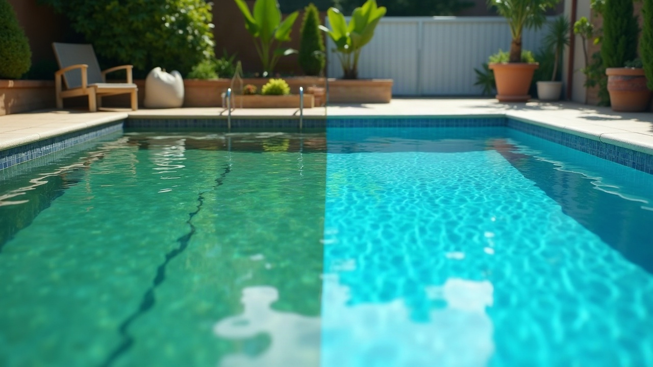 Split image showing neglected green pool versus crystal clear maintained pool with cost breakdown overlay