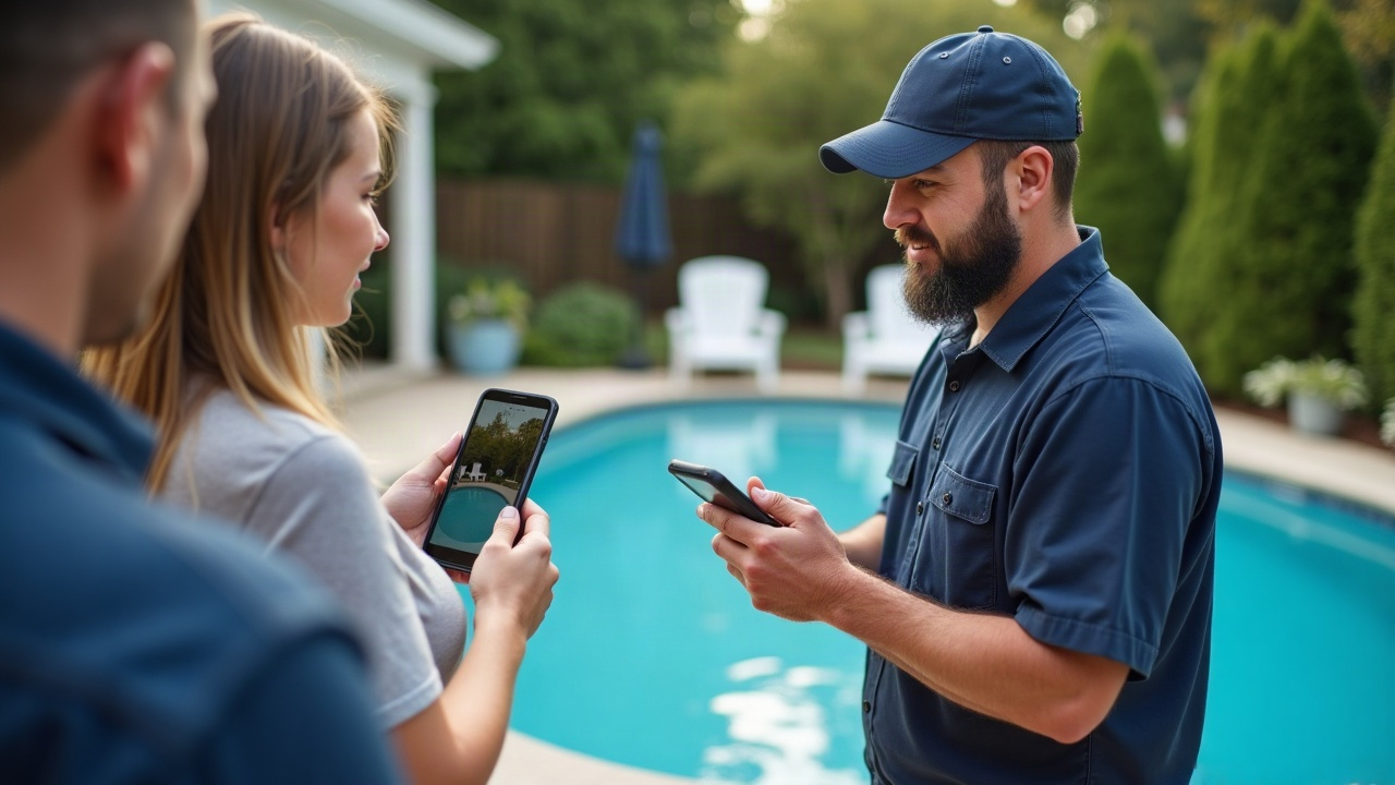 Pool service technician showing smartphone photos to homeowner, demonstrating transparent communication
