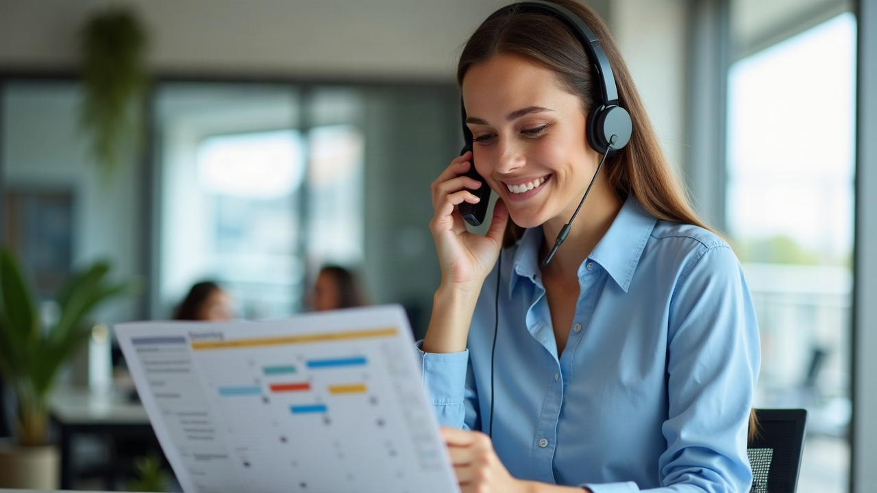 A pool company office manager on a headset, smiling while looking at a calendar with customer follow-up reminders color-coded