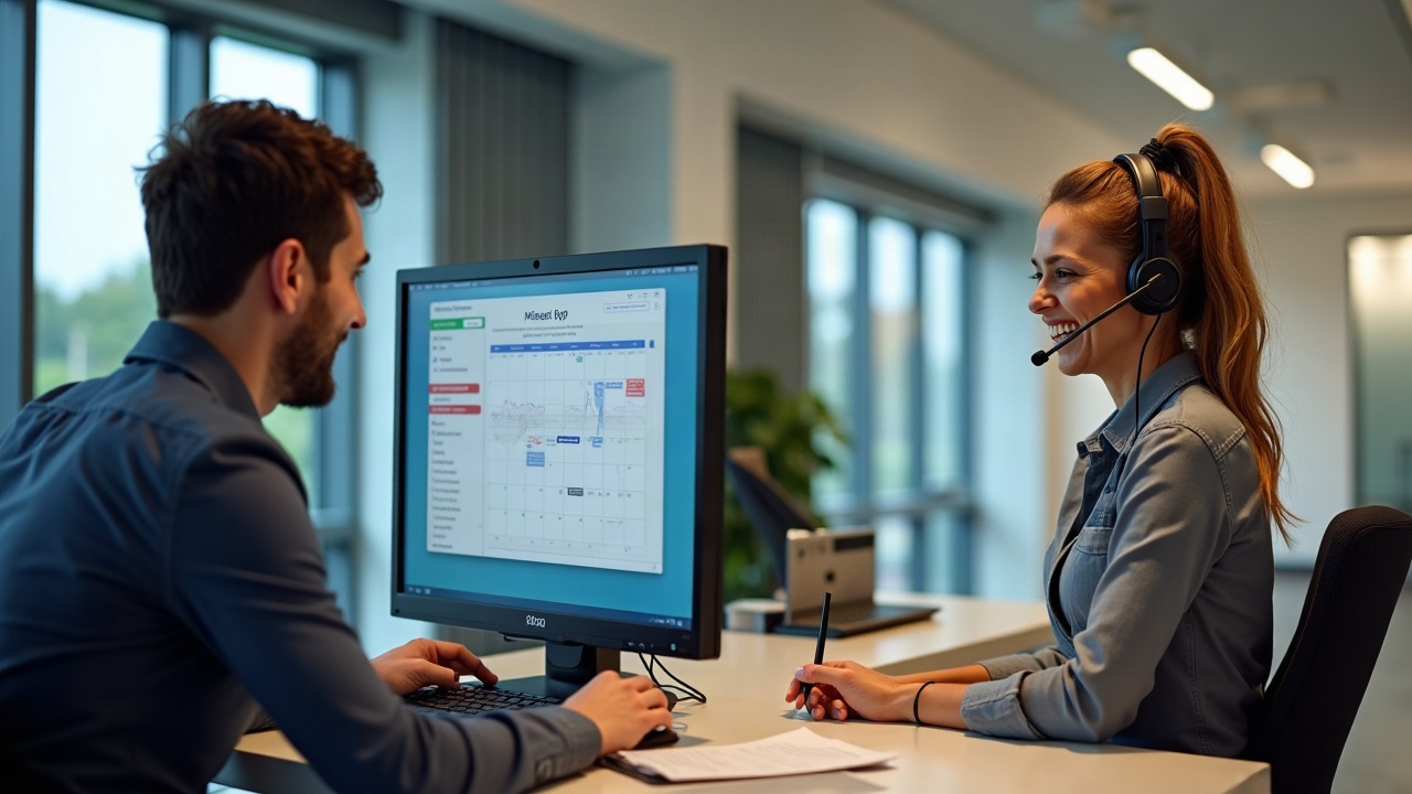 Split-screen comparison: left side shows missed call notification and frustrated pool owner, right side shows friendly front office team member on headset smiling while booking appointment on calendar