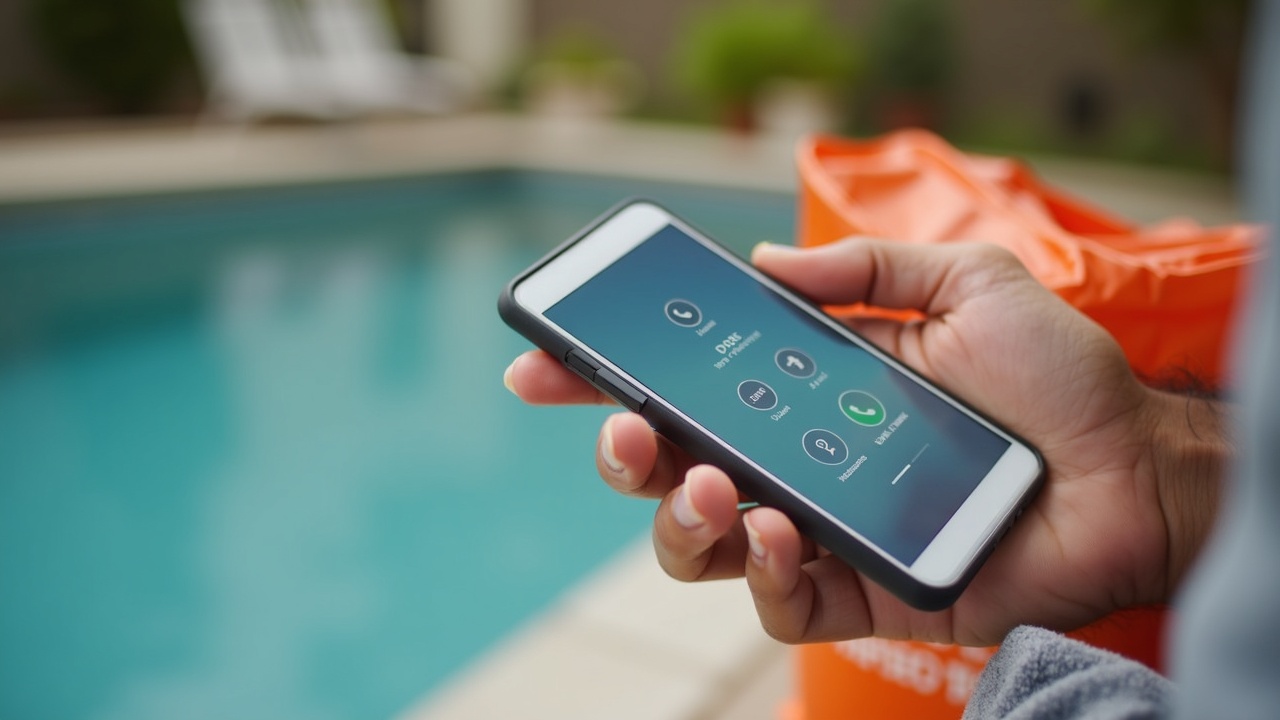 Close-up of a homeowner's hand holding a smartphone showing multiple missed calls from a pool service company, with a Home Depot bag containing a pool motor visible in the background