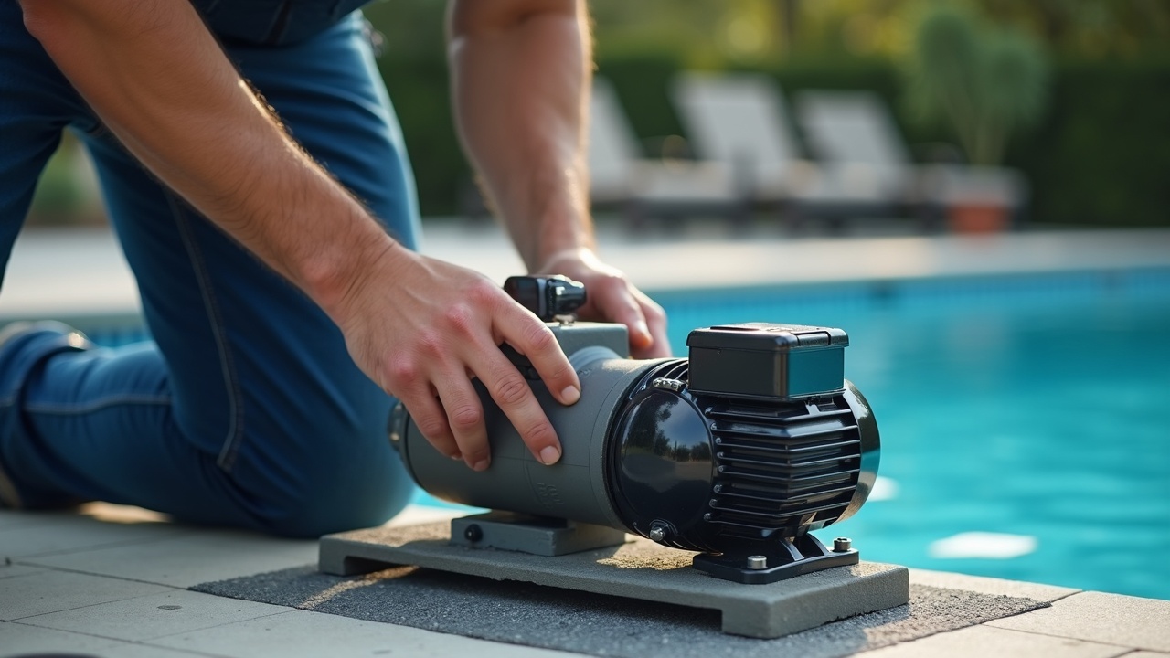 Professional pool technician installing a new pump motor on an equipment pad, with the old failed motor and new motor box visible, showing proper professional installation