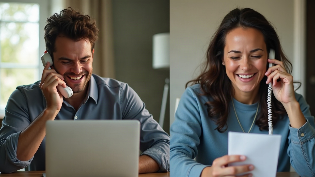 Split screen showing frustrated homeowner on phone getting voicemail vs. happy homeowner on phone with live answer and calendar booking confirmation