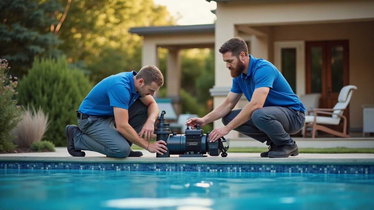 Professional pool technician installing new variable-speed pump while homeowner watches, representing successful pump replacement job capture