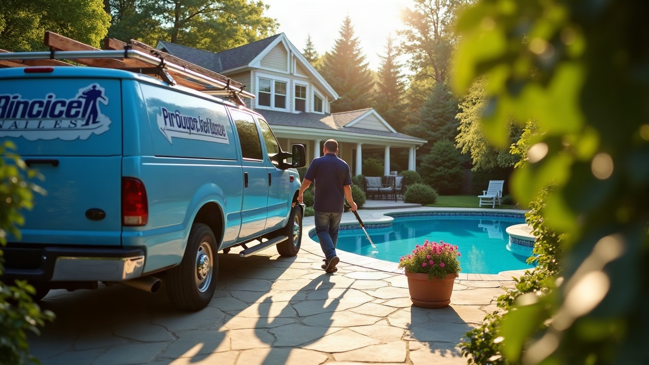 Professional pool service truck parked in a residential driveway with a technician carrying equipment toward a backyard pool