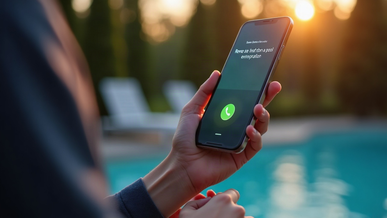 Evening smartphone screen showing incoming call from potential pool renovation client