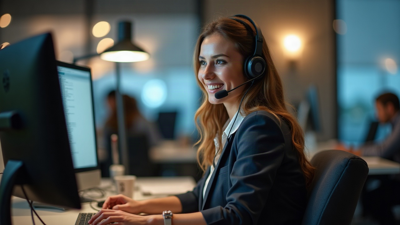 Professional office team member at desk answering pool company call in evening