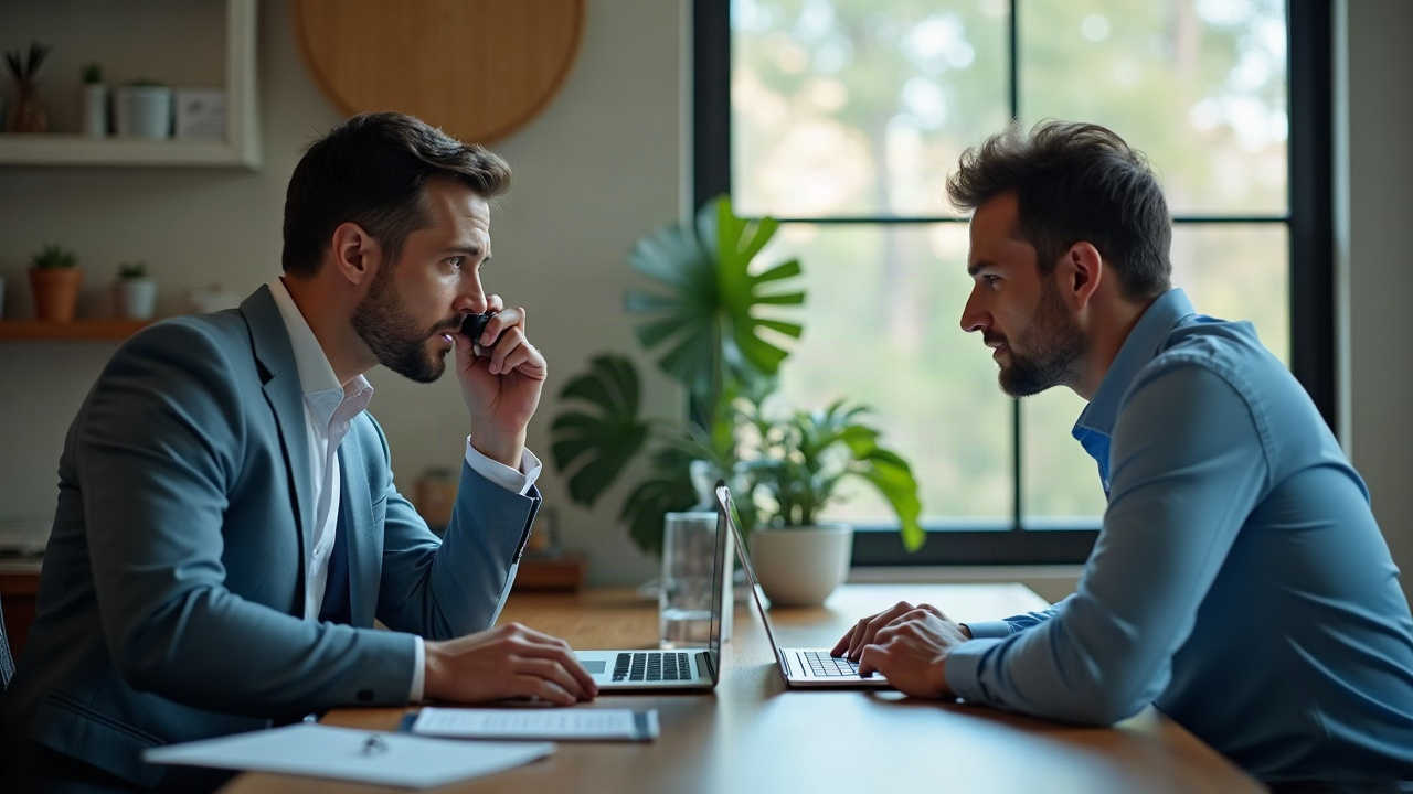 Split-screen comparison showing a pool company owner overwhelmed with callbacks and paperwork on one side, and a calm organized front desk team managing calls efficiently on the other
