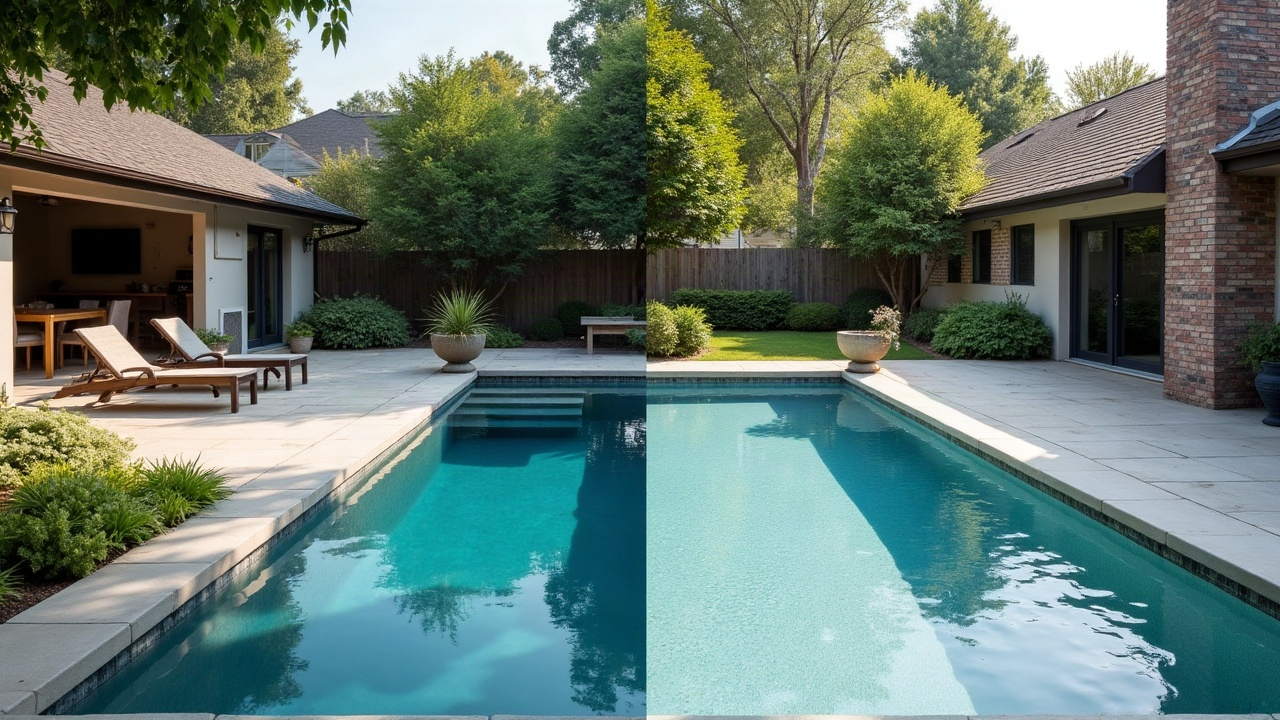 A before-and-after visual showing a neglected backyard pool transformed into a stunning modern renovation with new tile, coping, and decking