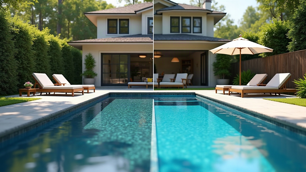 Split-screen comparison showing a landscaper's integrated outdoor living proposal versus a traditional pool-only renovation quote