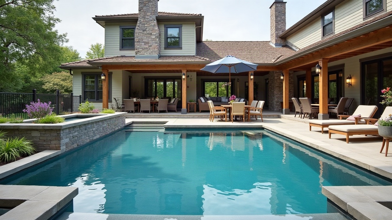 Before-and-after transformation showing a dated pool renovation expanded into a complete outdoor living space with integrated design elements