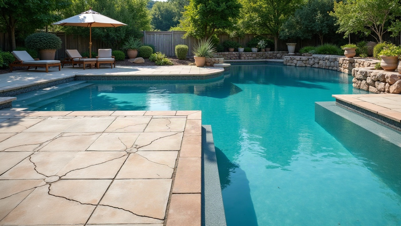 Before-and-after comparison showing an older pool with cracked decking and faded plaster next to a renovated pool with modern tile, travertine coping, and integrated landscape design