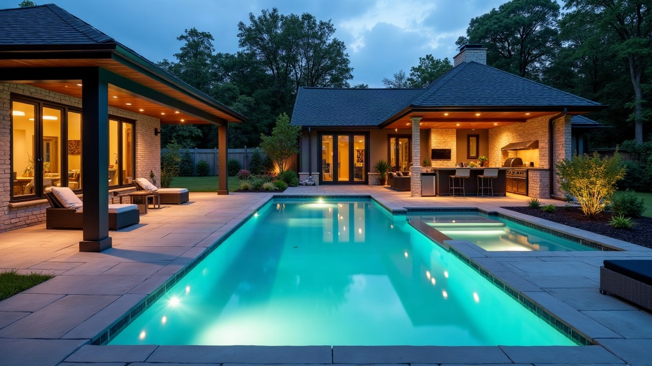 Modern backyard renovation showing an updated pool with LED lighting, stamped concrete decking, a built-in spa, integrated planters, and a covered patio with an outdoor kitchen — a complete outdoor living space