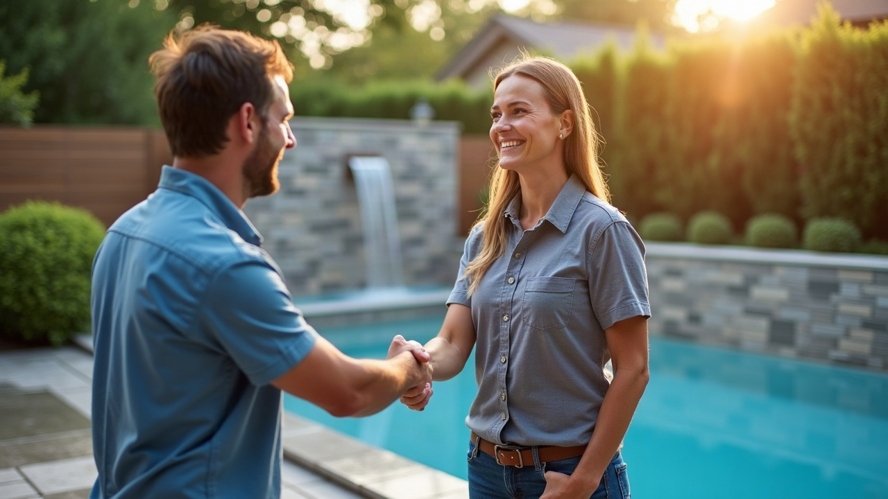 Pool contractor shaking hands with smiling homeowners at completed renovation with modern tile and water features