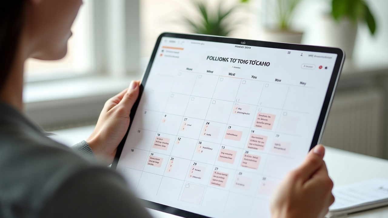 Calendar or schedule mockup showing follow-up touchpoints marked over several weeks with checkmarks and notes
