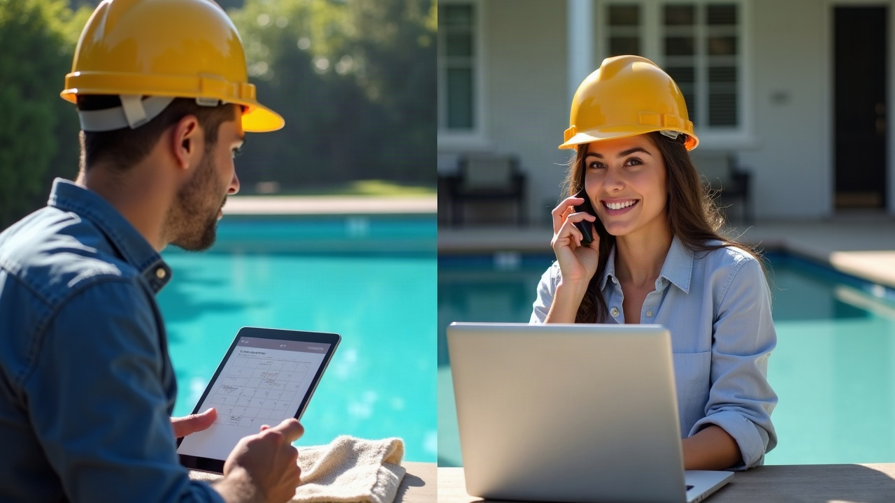 Split-screen comparison showing a pool contractor missing a call (left) versus a front office team member answering immediately with calendar open (right)