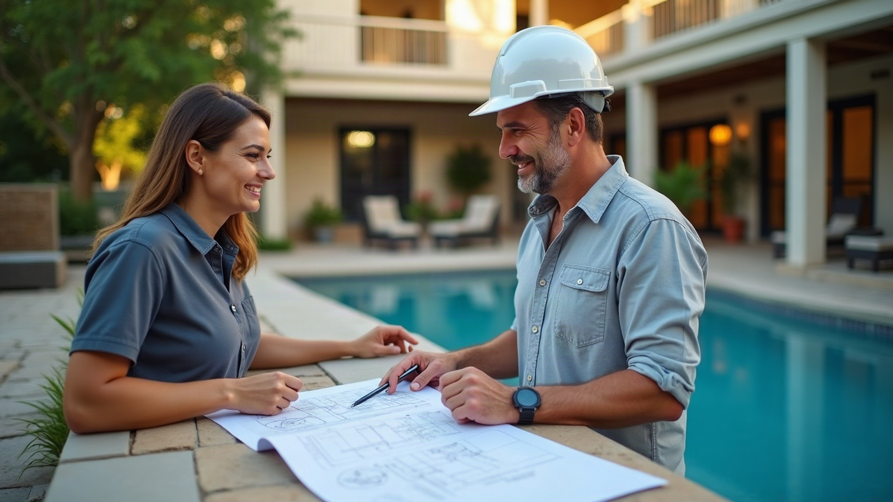 Pool renovation in progress with contractor reviewing plans with homeowner, both smiling, showing the trust built from strong communication