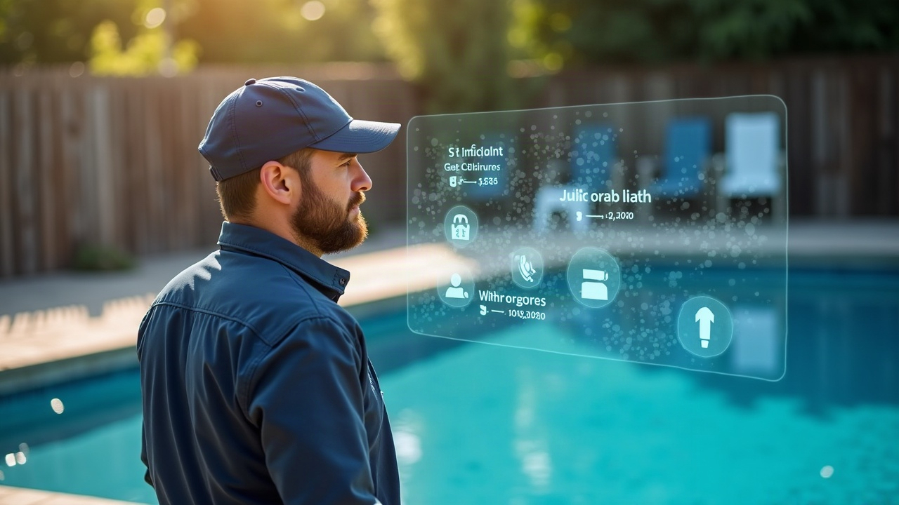Pool service technician working on equipment at a job site, with overlay showing multiple incoming call notifications being answered by remote team