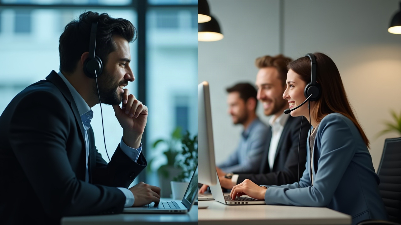Split-screen comparison showing missed call going to voicemail on left, professional office team answering call with headset on right