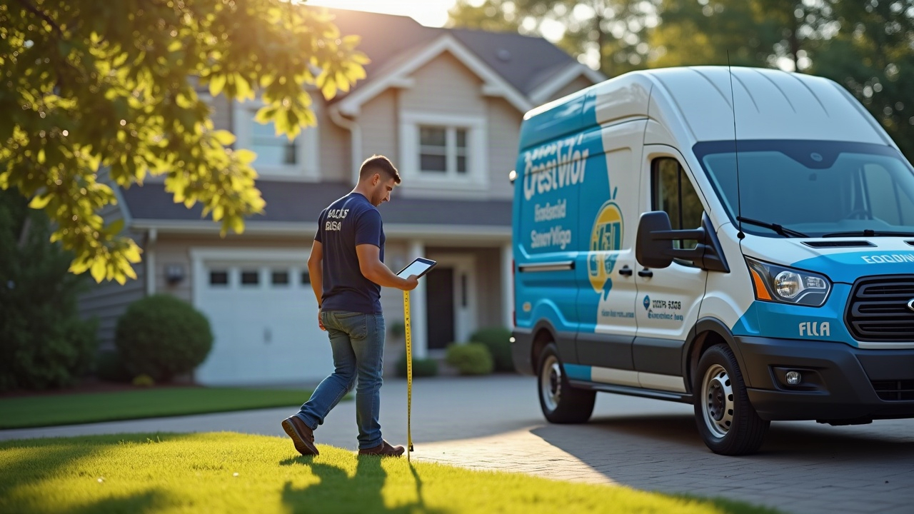 Pool service truck parked at residential home, installer walking to door with measuring tape and tablet