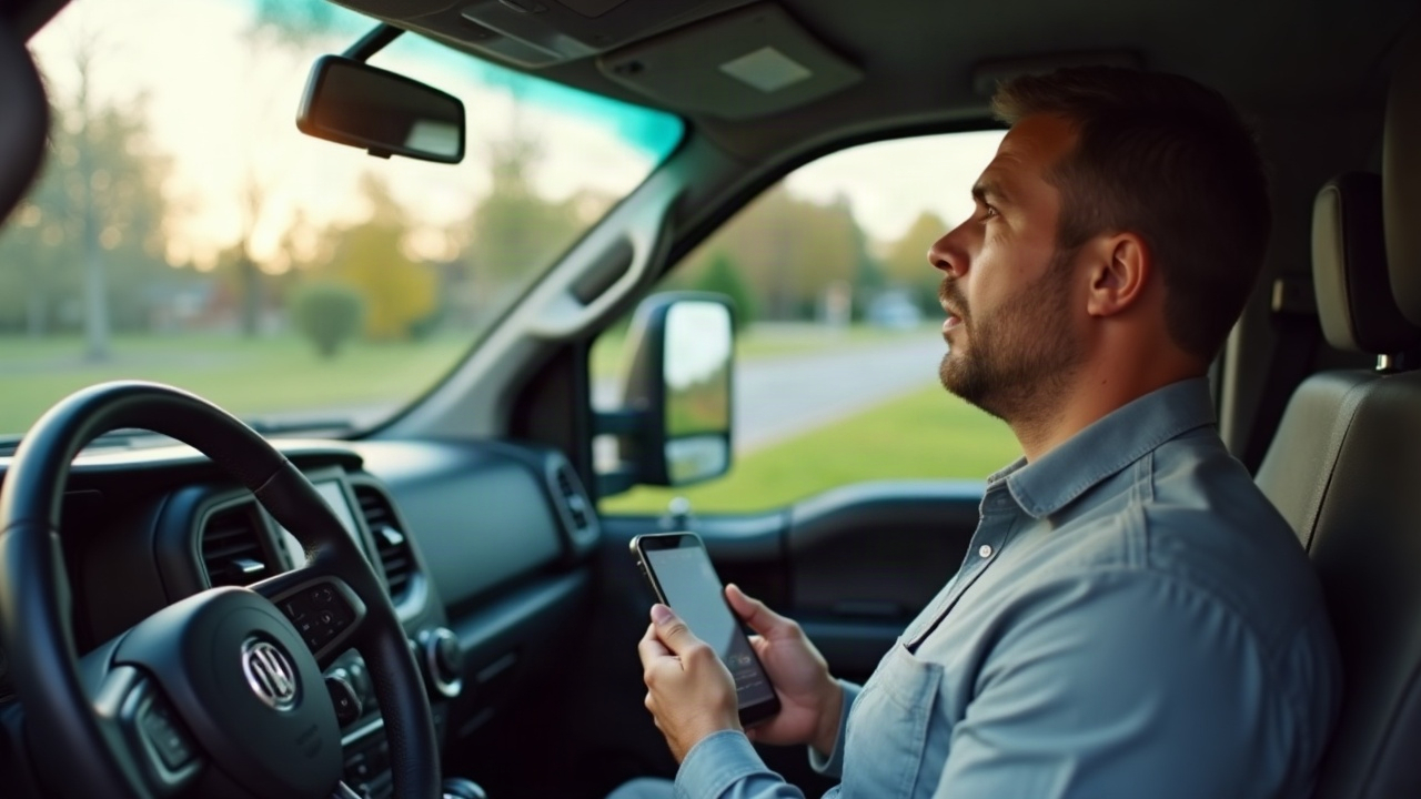 Split screen showing a ringing phone on a service truck dashboard and a homeowner looking at their phone with a frustrated expression