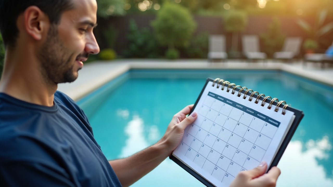 Pool service owner reviewing appointment calendar with multiple saltwater conversion consultations scheduled, looking satisfied