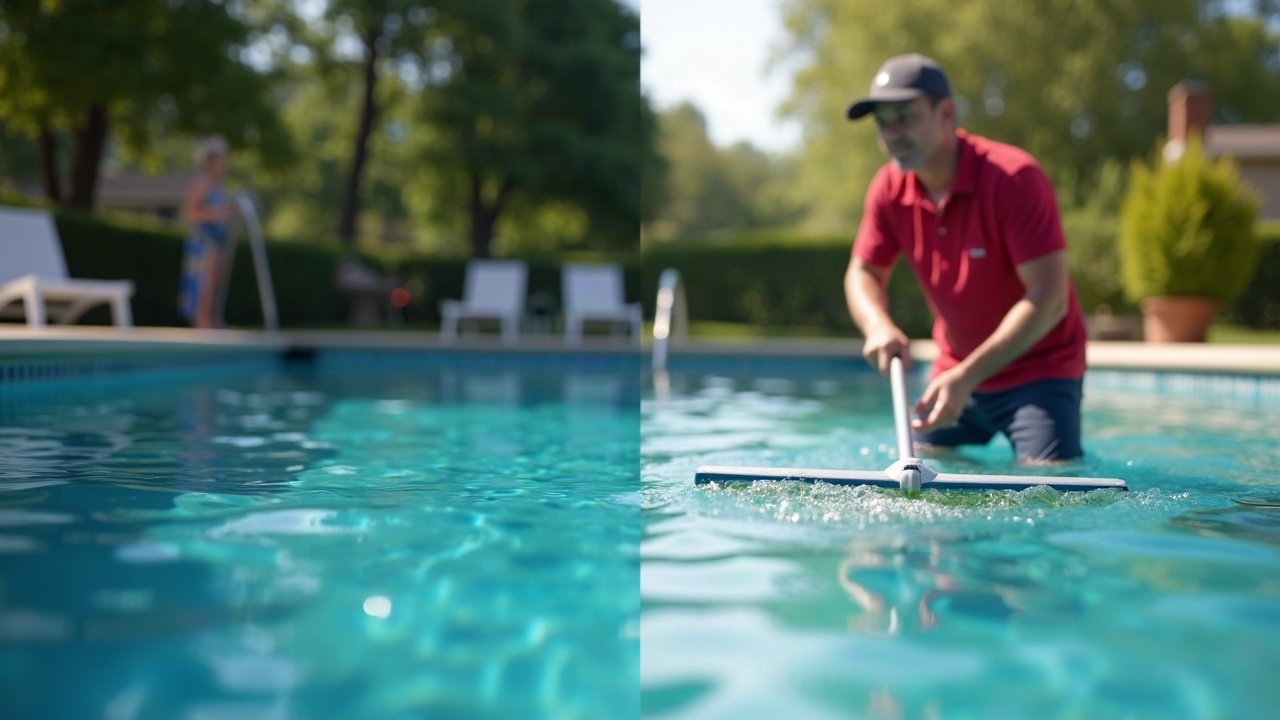 Split-screen comparison showing a missed call notification on left and a pool company owner busy skimming a pool on right, illustrating the disconnect between lead timing and response