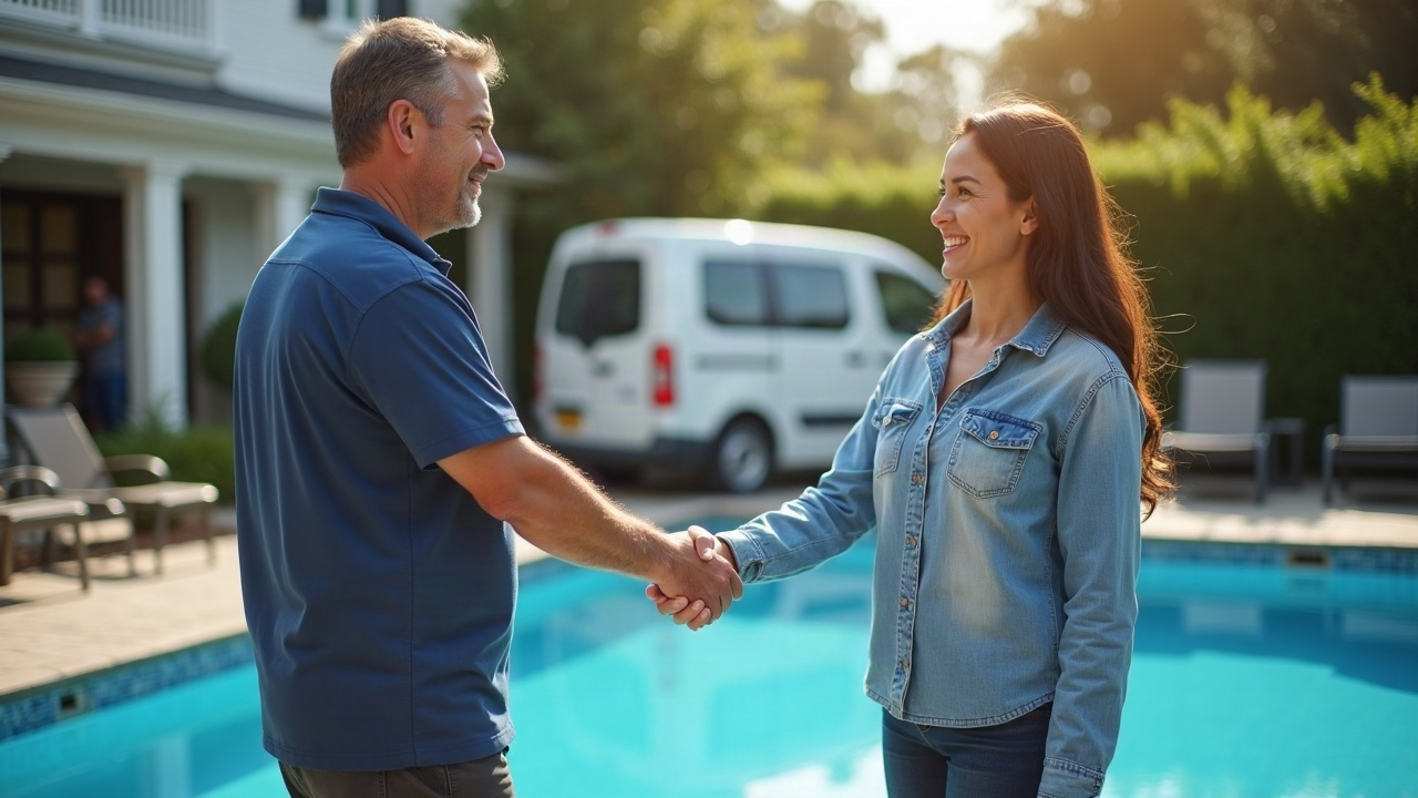 Pool service company owner shaking hands with a smiling first-time pool owner beside a sparkling clean inground pool, with service van visible in driveway