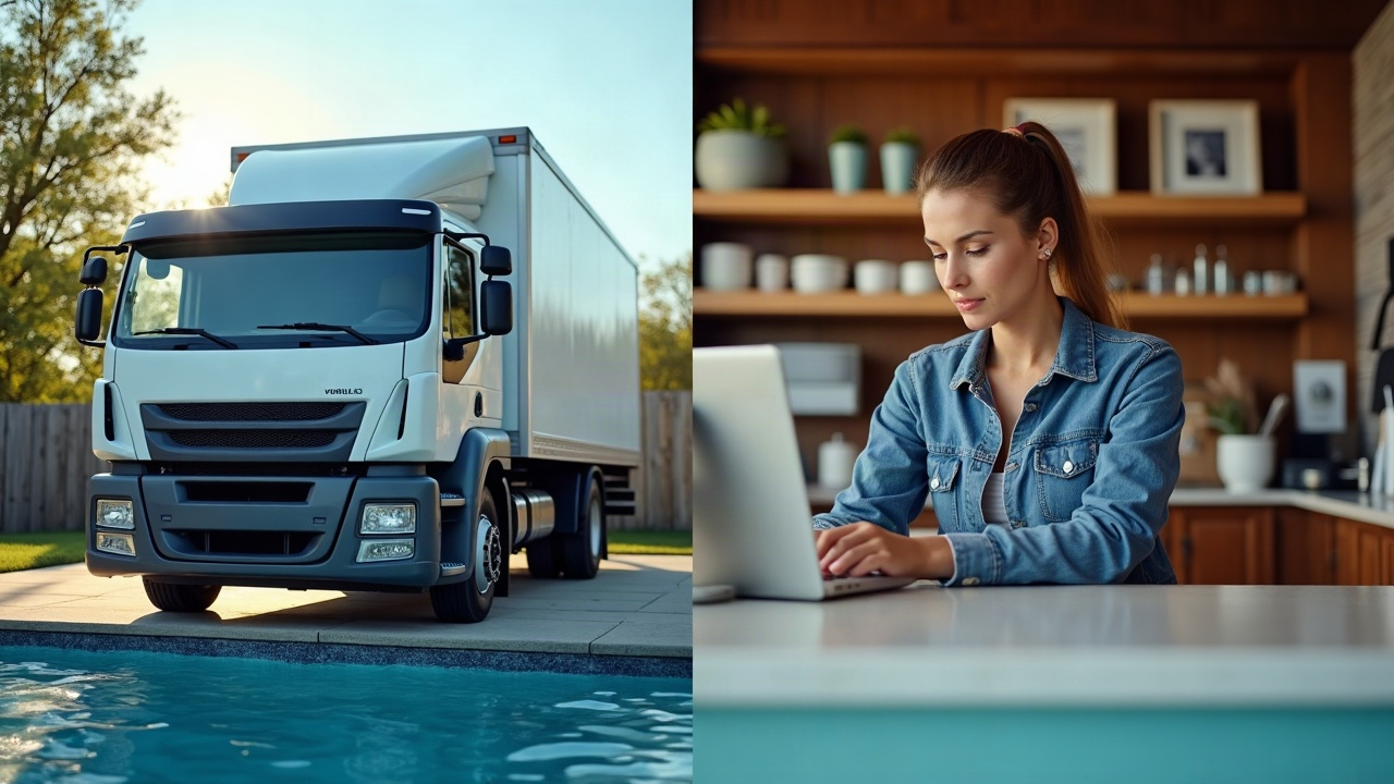 Split-screen comparison showing a pool service truck on a job site with an unanswered phone, and a retail pool store employee helping a customer at the counter
