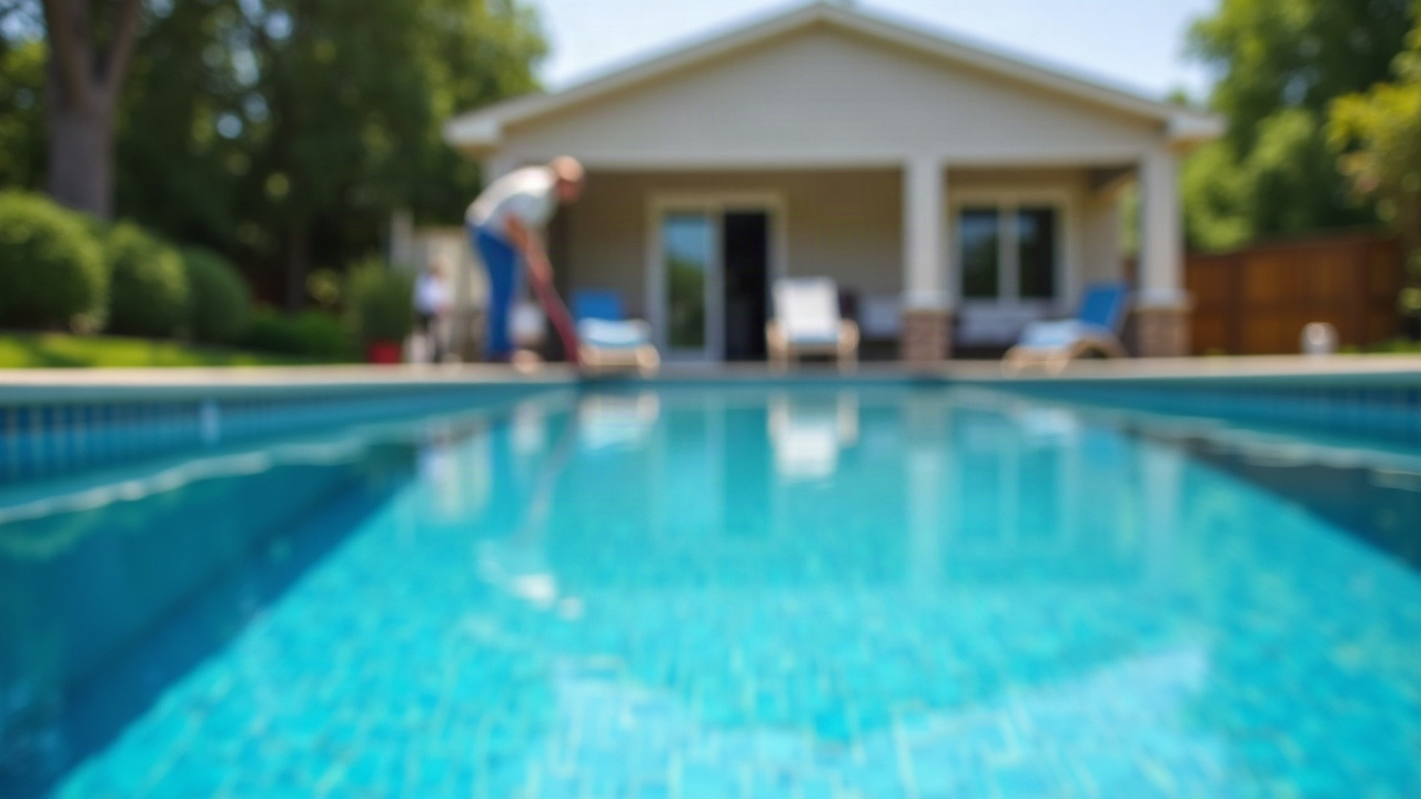 A clean, well-maintained residential pool with a professional pool service technician working on equipment, representing the outcome of professional service versus DIY retail solutions