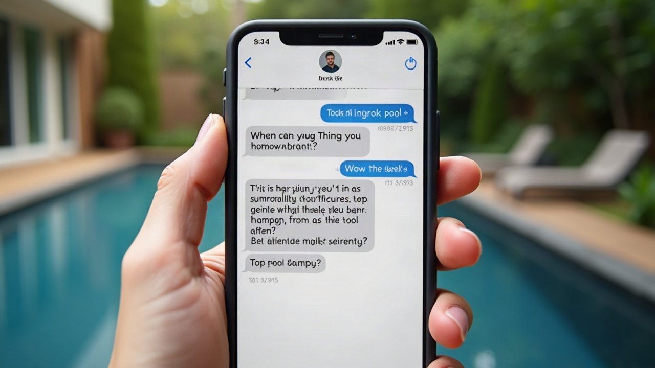 Screenshot mockup of a text message conversation showing quick back-and-forth between a pool company and homeowner, with timestamps showing responses within 1-3 minutes