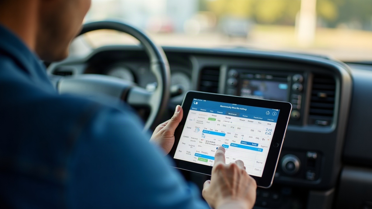 A clean, organized pool service truck interior with a tablet showing a daily route schedule and service call details