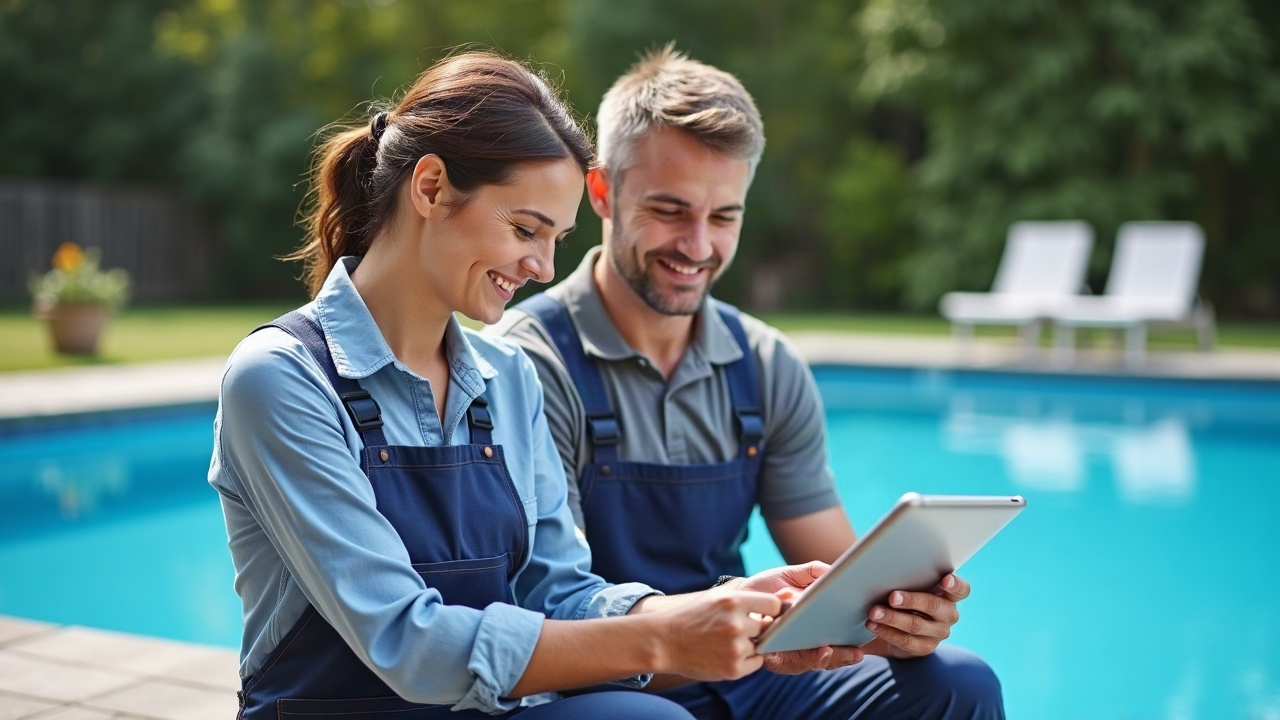 A homeowner and pool technician reviewing a service agreement on a tablet at poolside, both smiling, with a clean blue pool in the background