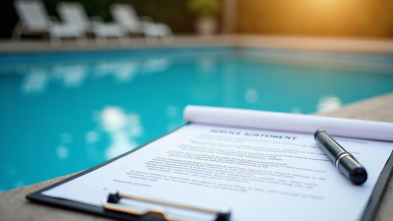 Professional service agreement on clipboard next to pool equipment, emphasizing contract conversion