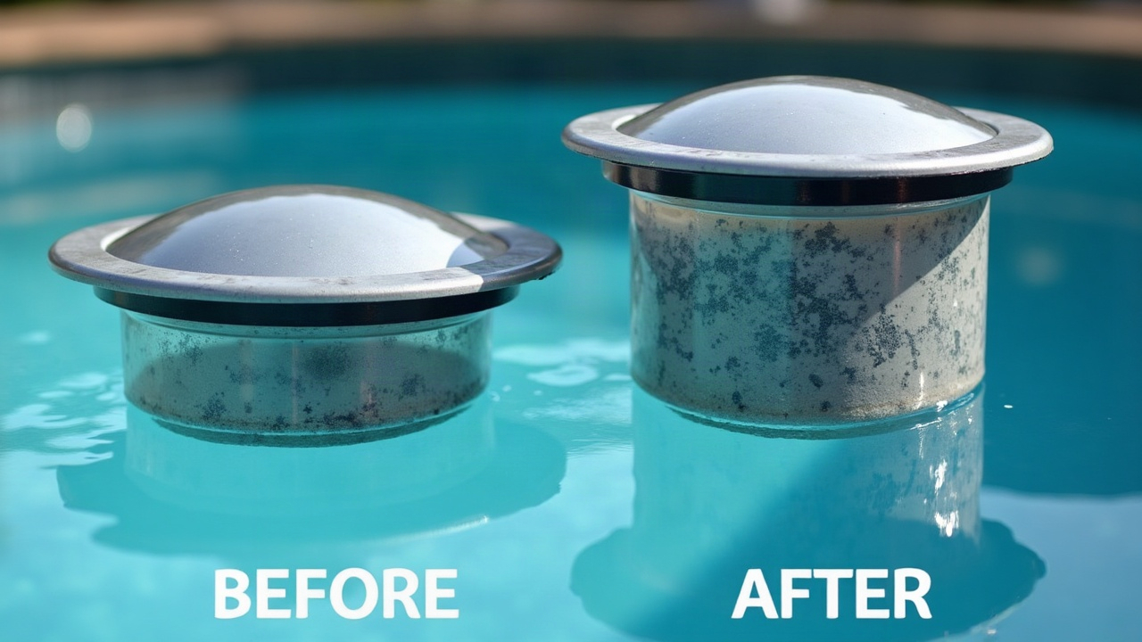 Before and after comparison of clean vs. clogged skimmer basket, demonstrating value of regular maintenance