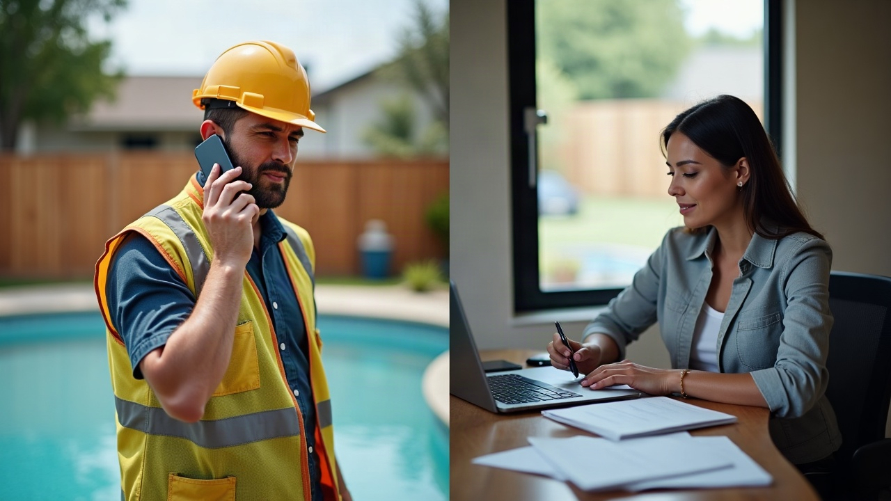 Split-screen comparison: left side shows frustrated pool contractor on job site missing phone call, right side shows general contractor's office assistant scheduling appointments at desk