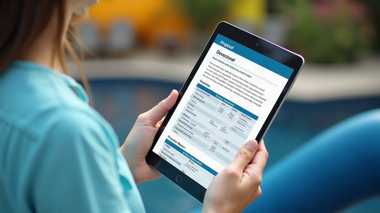 Professional proposal document for pool slide installation showing detailed line items, photos, and financing options on tablet screen