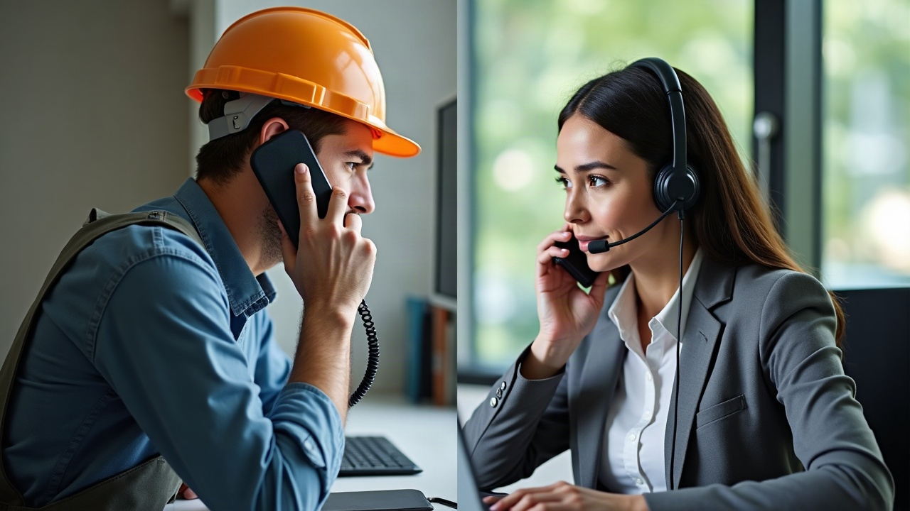 Split-screen comparison showing a pool contractor in work gear answering a phone call versus a professional office team member at a desk with headset handling multiple calls