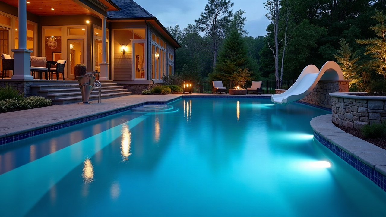 Luxury backyard pool with a newly installed curved slide and diving board, well-lit at dusk, showcasing the premium nature of these installations