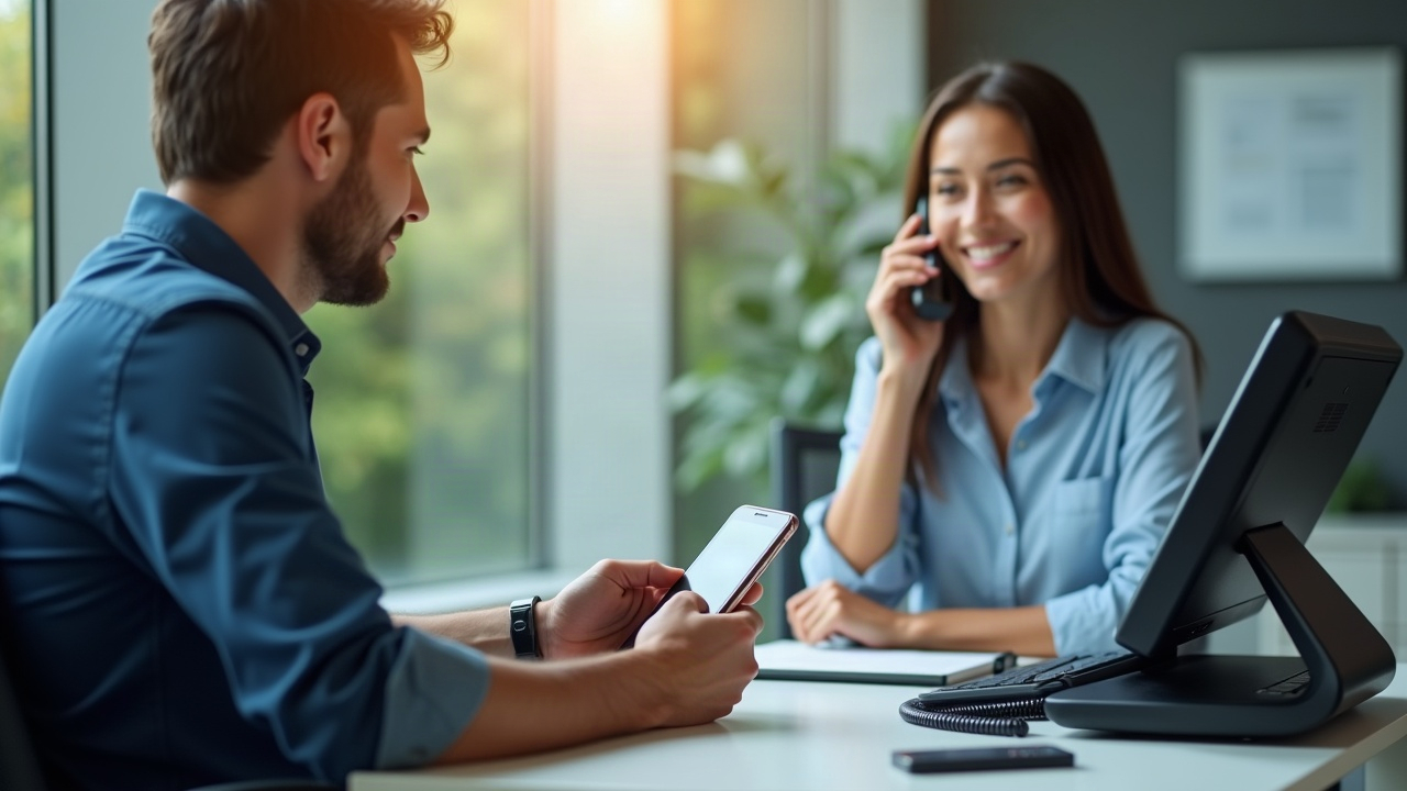Split-screen showing pool company owner missing calls on cell phone while competitor's receptionist books consultation on office phone system