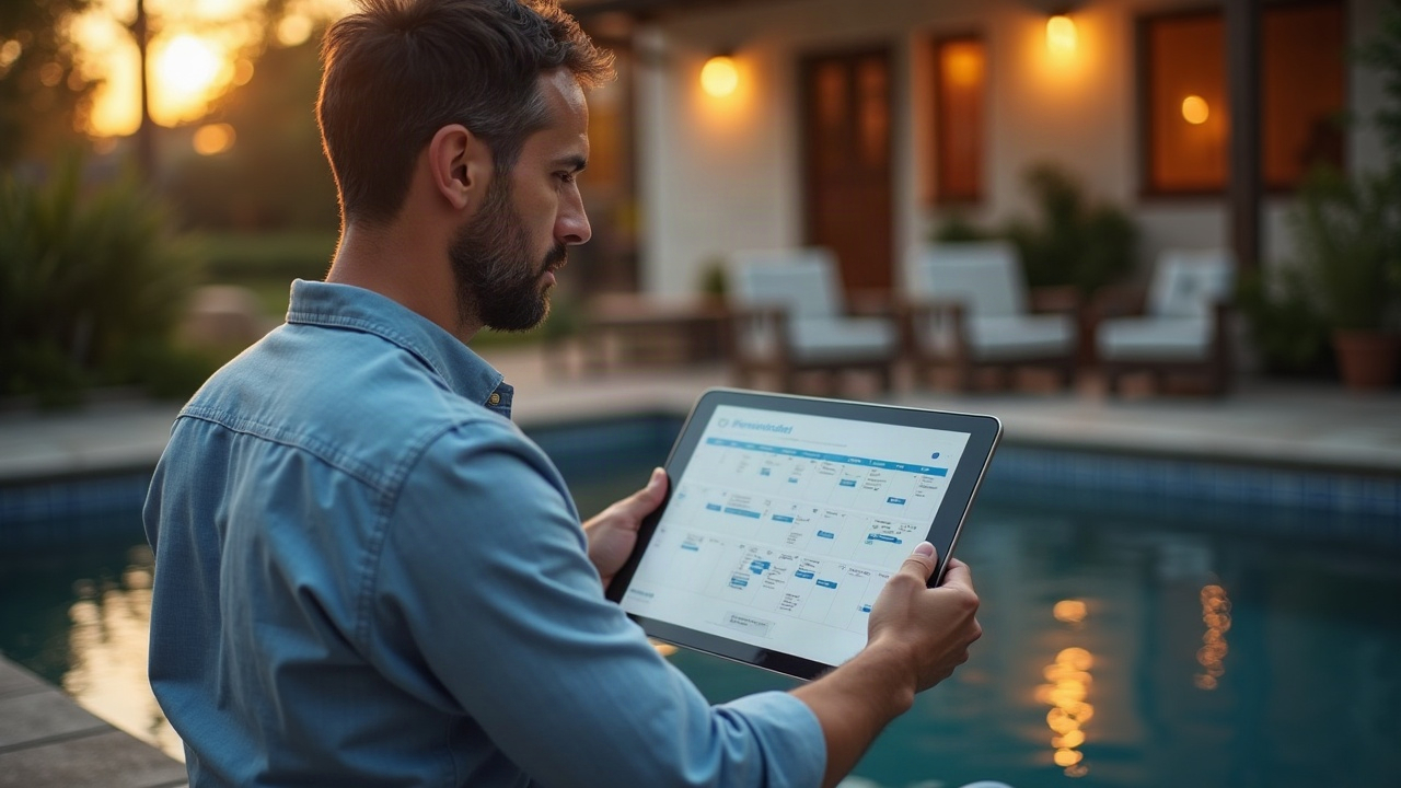 Pool company owner reviewing increased consultation bookings on calendar while relaxing at home in evening, representing freed personal time with better coverage