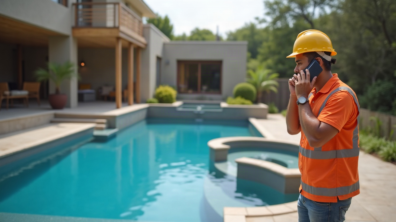 Pool builder on construction site taking call on smartphone with partially completed luxury pool and spa combo visible in background